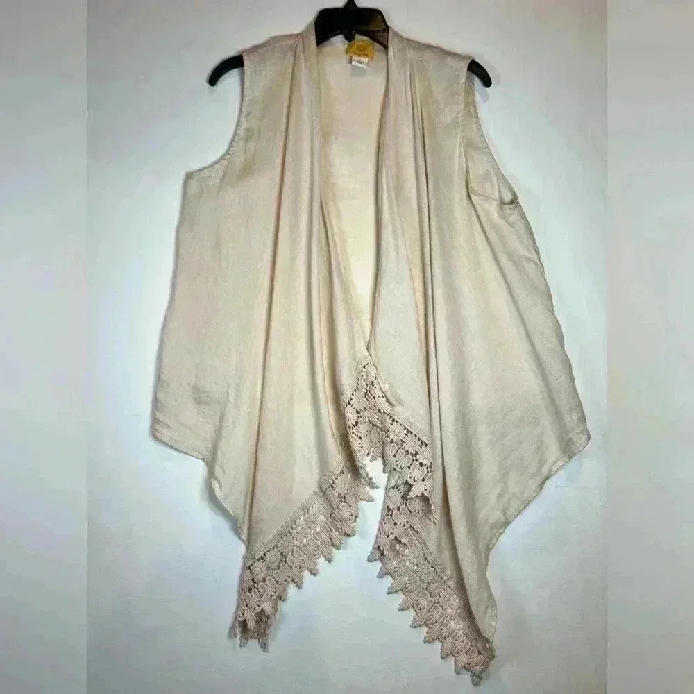 Ruby Rd 100% linen open front cardigan crochet hem size Med blush pink boho